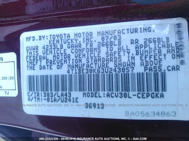 4T1BE30K63U243057 - 2003 TOYOTA CAMRY LE/XLE/SE Бордовый фото 9