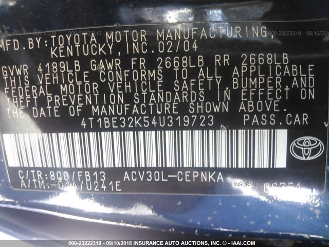 4T1BE32K54U319723 - 2004 TOYOTA CAMRY LE/XLE/SE 蓝色 照片 9