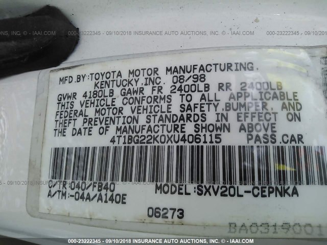 4T1BG22K0XU406115 - 1999 TOYOTA CAMRY CE/LE/XLE 白色 照片 9