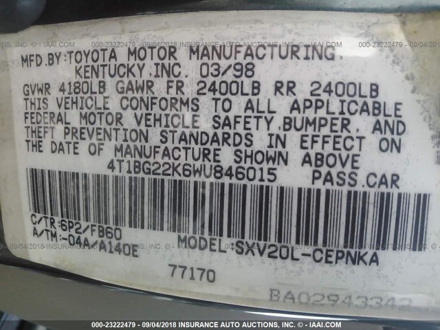 4T1BG22K6WU846015 - 1998 TOYOTA CAMRY CE/LE/XLE 绿色 照片 9