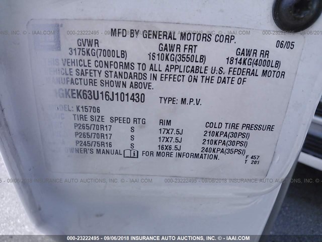 1GKEK63U16J101430 - 2006 GMC YUKON DENALI WHITE photo 9