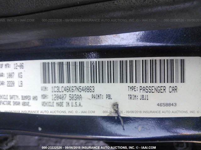 1C3LC46K67N540863 - 2007 CHRYSLER SEBRING BLUE photo 9