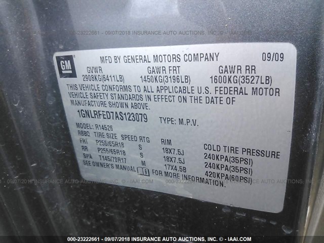 1GNLRFED7AS123079 - 2010 CHEVROLET TRAVERSE LT GRAY photo 9