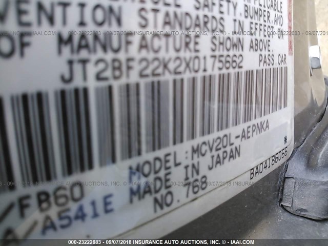 JT2BF22K2X0175662 - 1999 TOYOTA CAMRY LE/XLE 灰色 照片 9