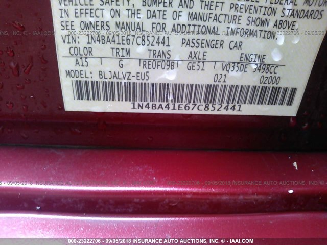 1N4BA41E67C852441 - 2007 NISSAN MAXIMA SE/SL RED photo 9