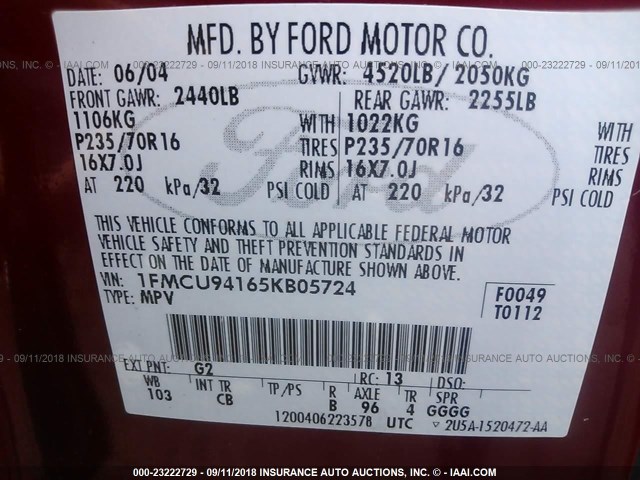 1FMCU94165KB05724 - 2005 FORD ESCAPE LIMITED RED photo 9