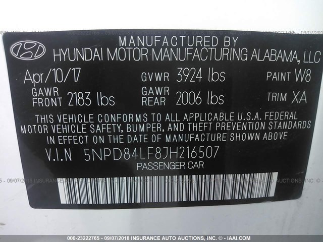 5NPD84LF8JH216507 - 2018 HYUNDAI ELANTRA SEL/VALUE/LIMITED WHITE photo 9