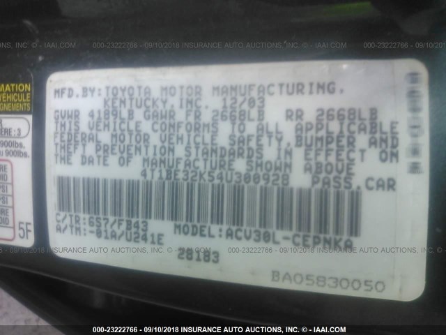 4T1BE32K54U300928 - 2004 TOYOTA CAMRY LE/XLE/SE Жасыл фото 9