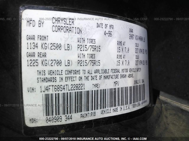 1J4FT68S4TL228221 - 1996 JEEP CHEROKEE SPORT/CLASSIC შავი ფოტო 9