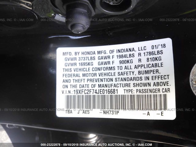 19XFC2F74JE016681 - 2018 HONDA CIVIC EX BLACK photo 9