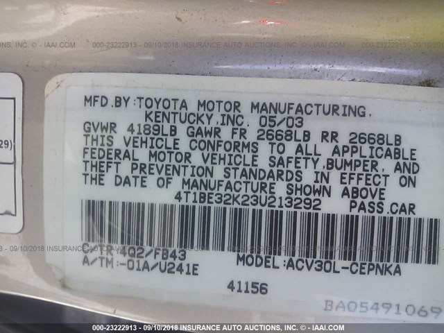 4T1BE32K23U213292 - 2003 TOYOTA CAMRY LE/XLE/SE GOLD photo 9