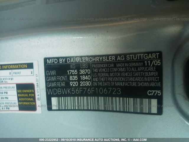 WDBWK56F76F106723 - 2006 MERCEDES-BENZ SLK 350 SILVER photo 9