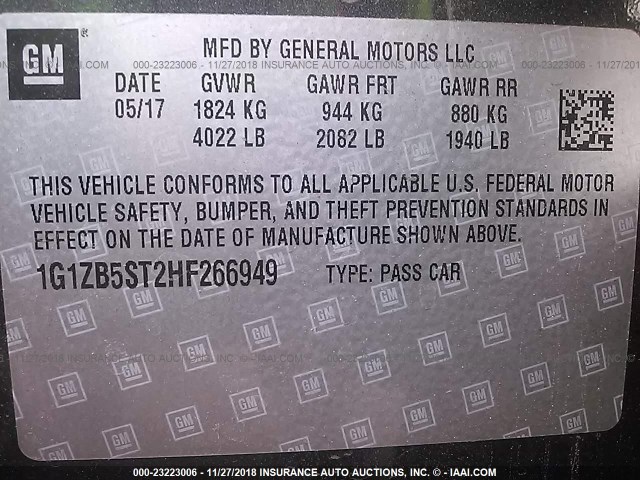 1G1ZB5ST2HF266949 - 2017 CHEVROLET MALIBU LS 灰色 照片 9