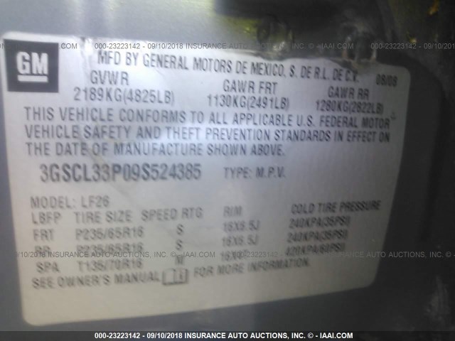 3GSCL33P09S524385 - 2009 SATURN VUE XE GRAY photo 9