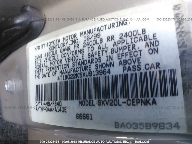 4T1BG22K5XU913964 - 1999 TOYOTA CAMRY CE/LE/XLE 金色 照片 9