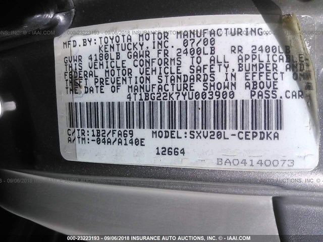 4T1BG22K7YU003900 - 2000 TOYOTA CAMRY CE/LE/XLE 棕色 照片 9