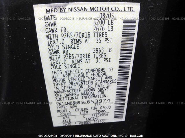 5N1AN08U95C653974 - 2005 NISSAN XTERRA OFF ROAD/S/SE BLACK photo 9