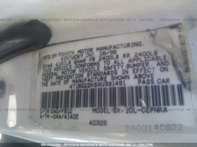 4T1BG22K6XU391491 - 1999 TOYOTA CAMRY CE/LE/XLE 白色 照片 9