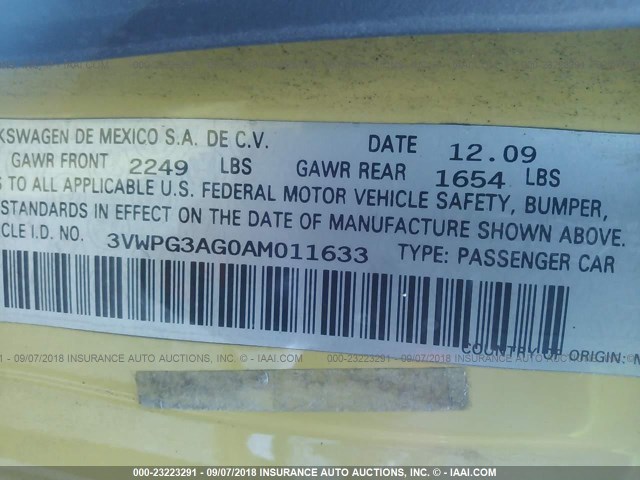 3VWPG3AG0AM011633 - 2010 VOLKSWAGEN NEW BEETLE 黄色 照片 9