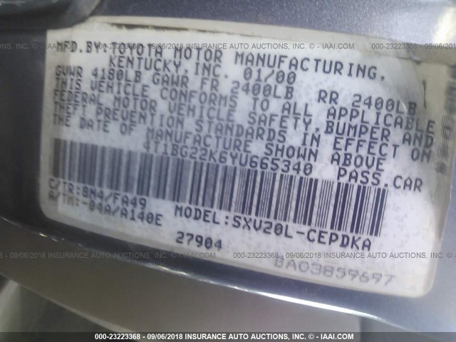 4T1BG22K6YU665340 - 2000 TOYOTA CAMRY CE/LE/XLE 浅蓝色 照片 9