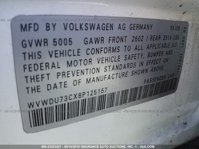 WVWDU73CX8P125157 - 2008 VOLKSWAGEN PASSAT VR6 4MOTION WHITE photo 9