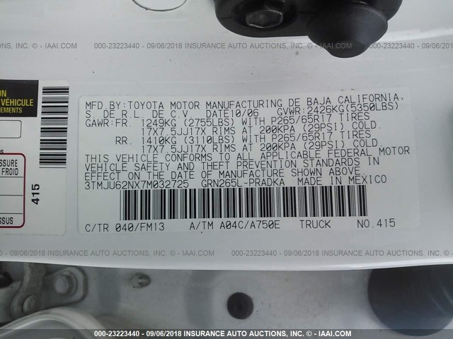 3TMJU62NX7M032725 - 2007 TOYOTA TACOMA DOUBLE CAB PRERUNNER WHITE photo 9