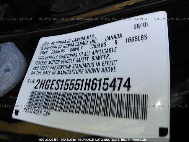 2HGES15551H615474 - 2001 HONDA CIVIC LX BLACK photo 9