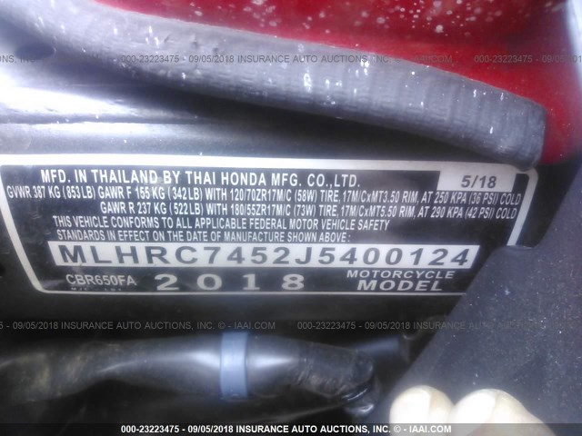 MLHRC7452J5400124 - 2018 HONDA CBR650 FA RED photo 10