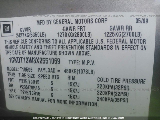 1GKDT13W3X2551069 - 1999 GMC JIMMY Marrón foto 9