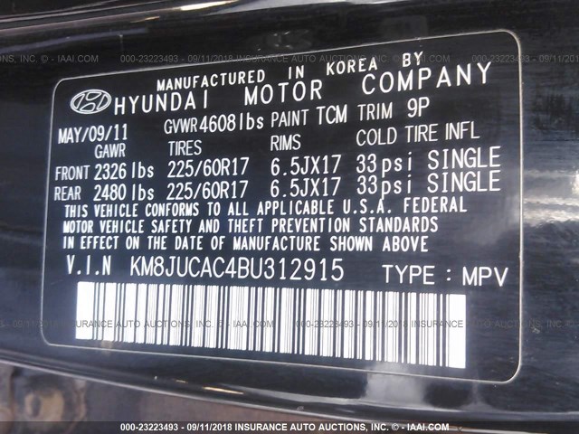 KM8JUCAC4BU312915 - 2011 HYUNDAI TUCSON GLS/LIMITED 黑色 照片 9