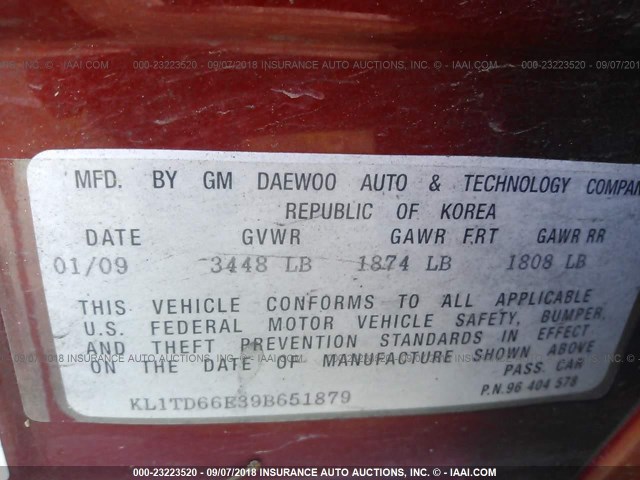 KL1TD66E39B651879 - 2009 CHEVROLET AVEO LS/LT RED photo 9