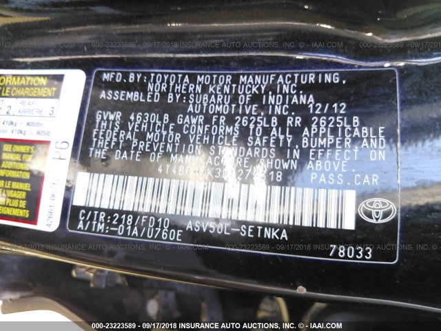 4T4BF1FK3DR277618 - 2013 TOYOTA CAMRY L/SE/LE/XLE Qara foto 9