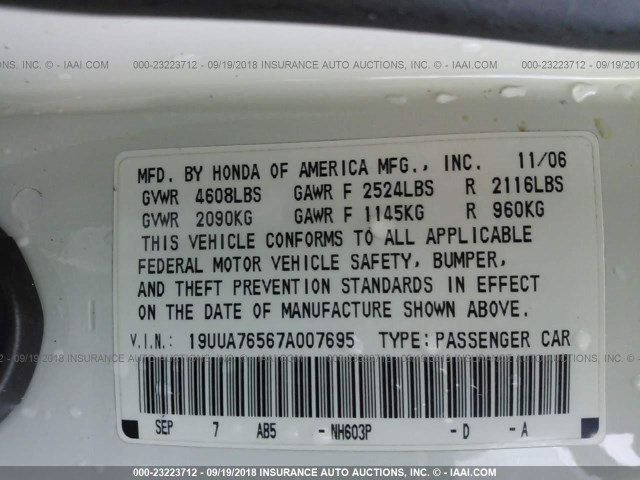 19UUA76567A007695 - 2007 ACURA TL TYPE S WHITE photo 9