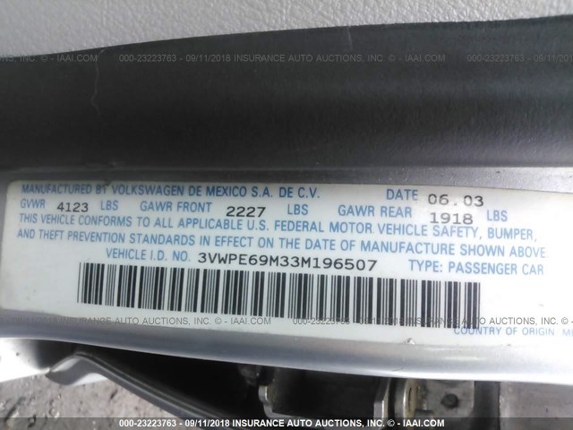 3VWPE69M33M196507 - 2003 VOLKSWAGEN JETTA WOLFSBURG 银色 照片 9