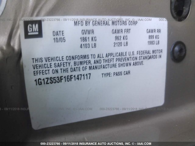 1G1ZS53F16F147117 - 2006 CHEVROLET MALIBU LS ოქროსფერი ფოტო 9