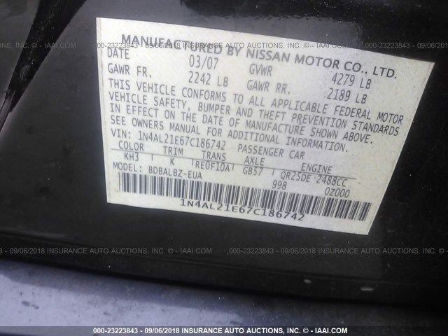 1N4AL21E67C186742 - 2007 NISSAN ALTIMA 2.5/2.5S BLACK photo 9