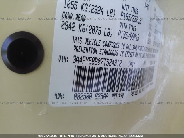 3A4FY58B07T524312 - 2007 CHRYSLER PT CRUISER TOURING YELLOW photo 9