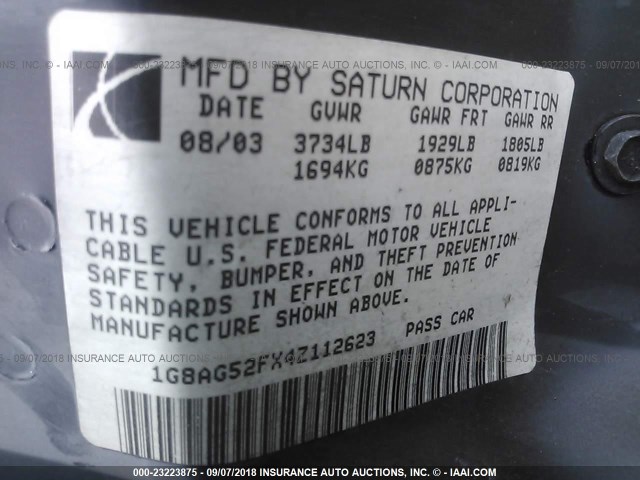 1G8AG52FX4Z112623 - 2004 SATURN ION LEVEL 1 SILVER photo 9