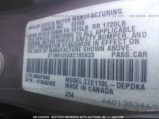 2T1BR12E0XC185633 - 1999 TOYOTA COROLLA VE/CE/LE 金色 照片 9