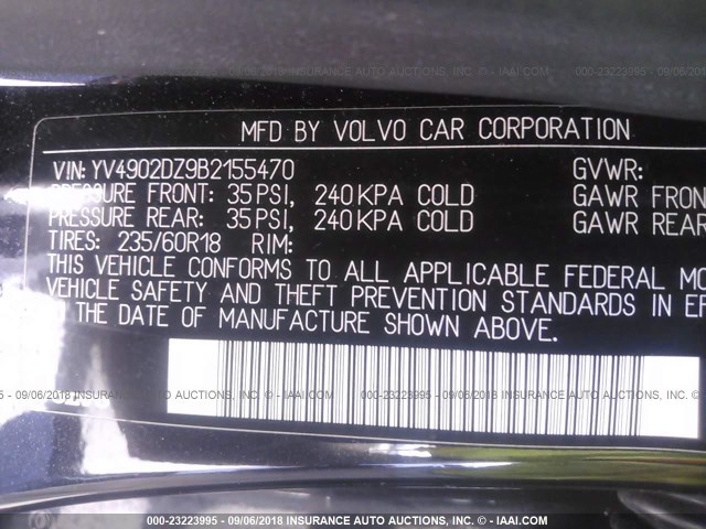 YV4902DZ9B2155470 - 2011 VOLVO XC60 T6 BLACK photo 9