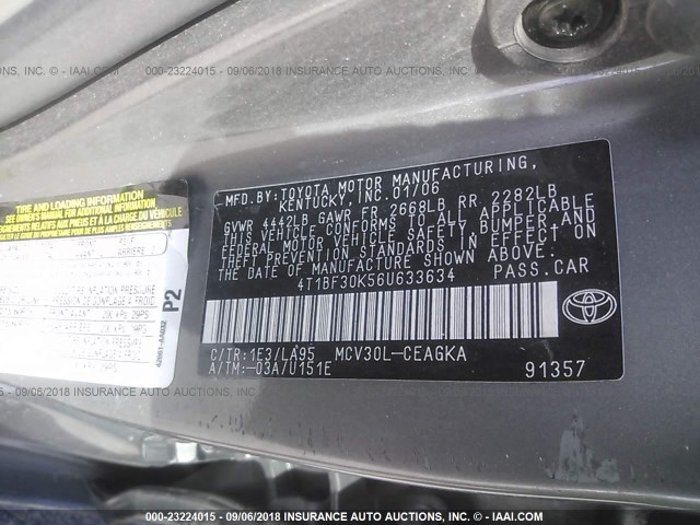 4T1BF30K56U633634 - 2006 TOYOTA CAMRY LE/XLE/SE GRAY photo 9