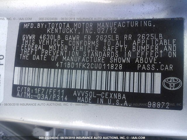 4T1BD1FK2CU011828 - 2012 TOYOTA CAMRY HYBRID/LE/XLE 银色 照片 9