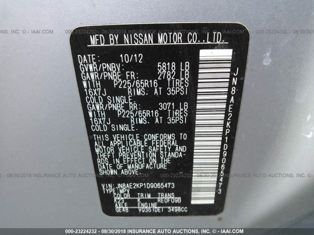 JN8AE2KP1D9065473 - 2013 NISSAN QUEST S/SV/SL/LE SILVER photo 9