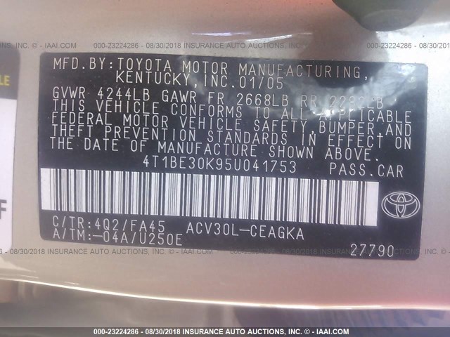 4T1BE30K95U041753 - 2005 TOYOTA CAMRY LE/XLE/SE 银色 照片 9