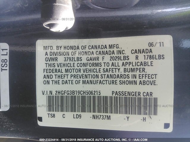 2HGFG3B19CH506215 - 2012 HONDA CIVIC EXL 灰色 照片 9