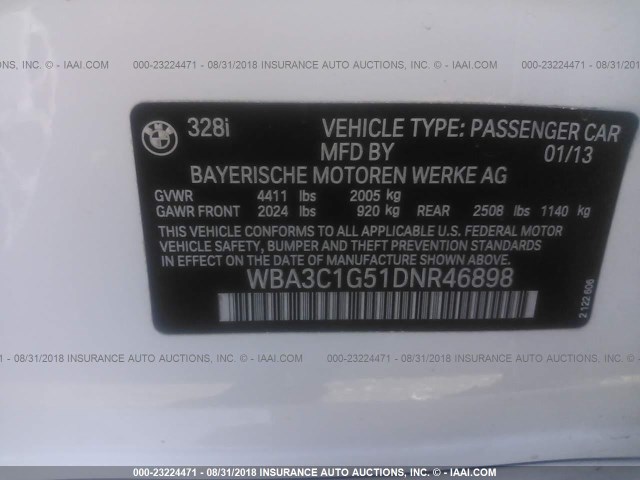 WBA3C1G51DNR46898 - 2013 BMW 328 I SULEV WHITE photo 9