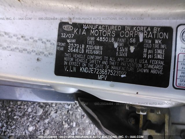 KNDJE723687523192 - 2008 KIA SPORTAGE EX/LX SILVER photo 9