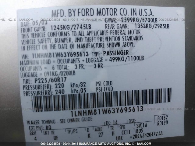 1LNHM81W63Y695613 - 2003 LINCOLN TOWN CAR EXECUTIVE BEIGE photo 9