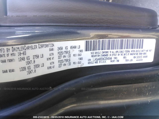 1J4GW48S54C254540 - 2004 JEEP GRAND CHEROKEE LAREDO/COLUMBIA/FREEDOM 灰色 照片 9