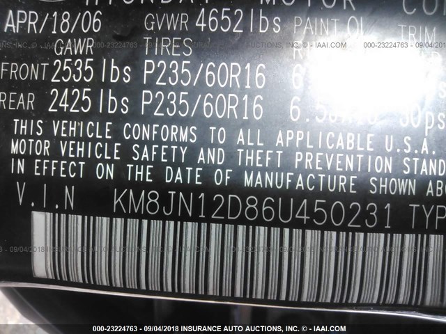 KM8JN12D86U450231 - 2006 HYUNDAI TUCSON GLS/LIMITED ლურჯი ფოტო 9